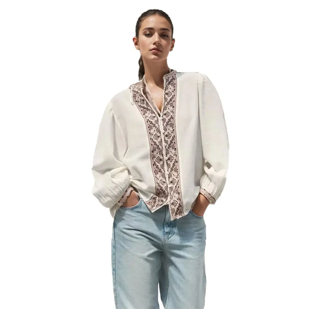 Willshela, camisa bordada de lino y algodón blanco a la moda para mujer, cuello en V, manga larga, blusa informal Vintage elegante para mujer