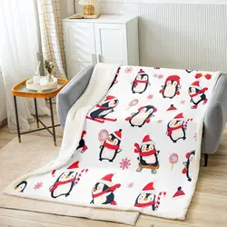 Cartoon Penguin Sherpa Blanket Funny Animal Printed Christmas Day Fleece Throw Blanket for Bed Sofa Couch Kids Room Cute