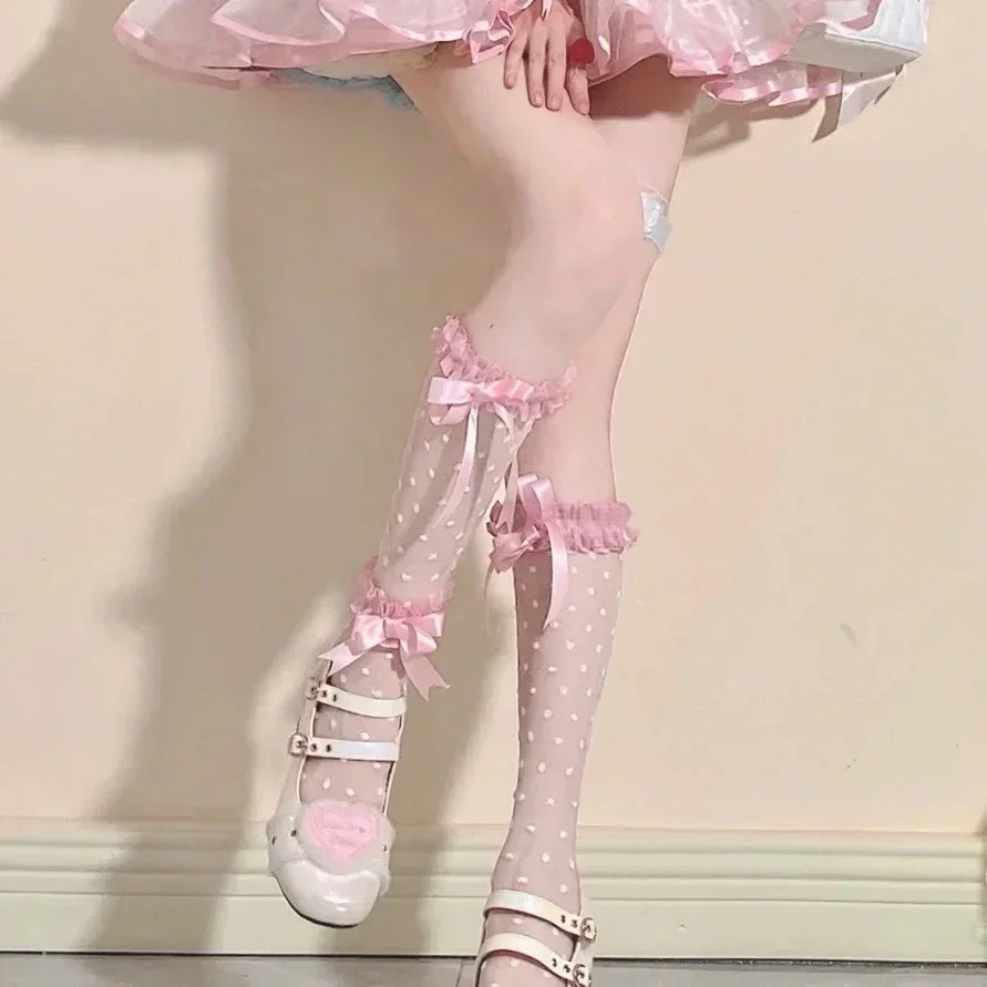 Kawaii Lolita Bowknot Calf Socks Women Sexy Little Pink Dot Print Crystal Stockings JK Girl Personality Knee-Length Long Socks