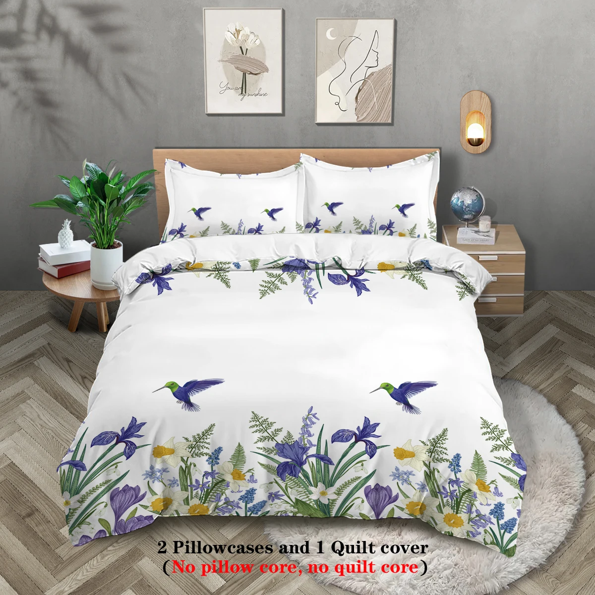 3pcs flowers and birds pattern printed bedding set, suitable for women bedroom, queen, king, twin bed,1*duvet cover+2*pillowcase