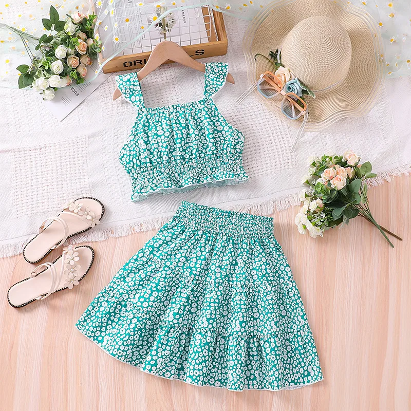 Kids Casual Clothing Sets Outfits for Girls Clothes Summer New Children Fashion Ditsy Floral Print Tops Skirts Bottom 7-14Y