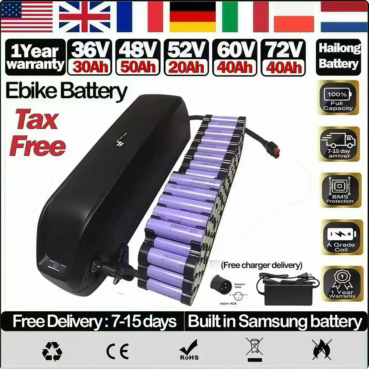 

52v 36v 60v 72v 48v Hailong 24 30ah 40ah 50 60ah Batterie Velo Electrique Ebike Bateria 20ah Cham-rider Akumulator 2000w Battery