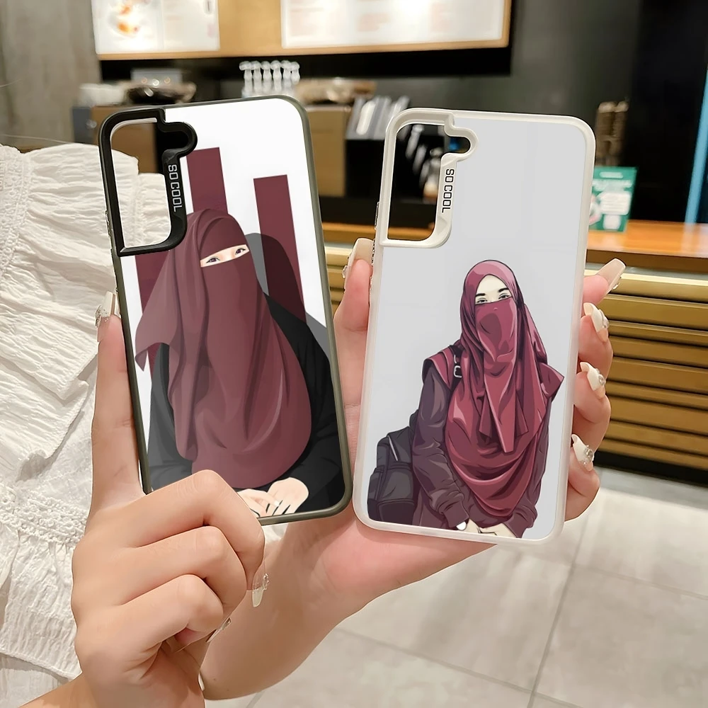 Muslim Islamic Arabic Hijab Face Gril Eyes Koran Phone Case Colored Silver Trendy Phone Case For Samsung S 22 23 24 Note 20 Ultr