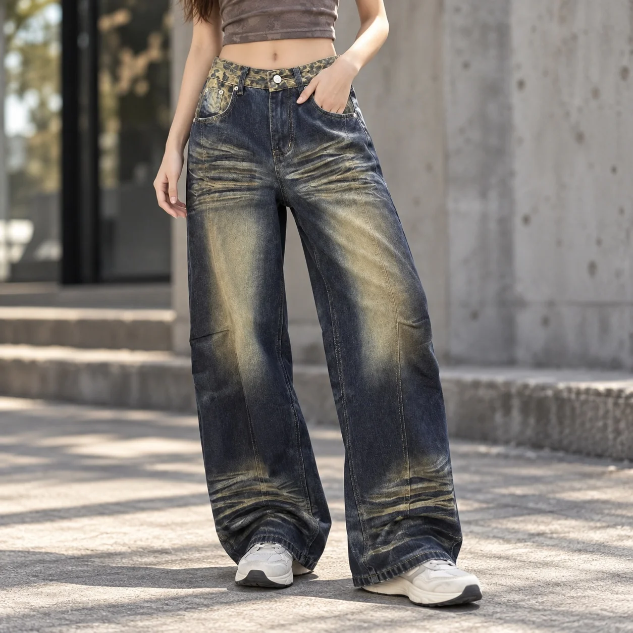 Patchwork Faded Jeans Straight Leg Retro Women Pants with Slight Stretch Water Washed Whiskering Mid Rise Zip Fly Spring Dyeing