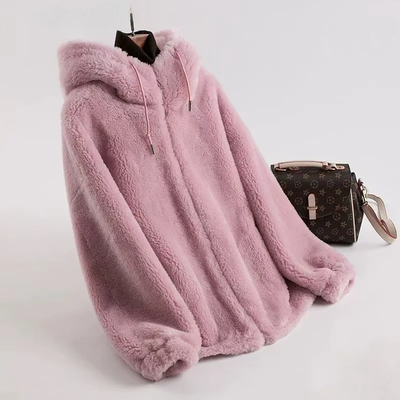 2025 New Women's Outerwear Solid Color Fashionable Simple Wool Winter Hooded Lamb Wool Fur Integrated Sheep Shearing Fur Coat Wo