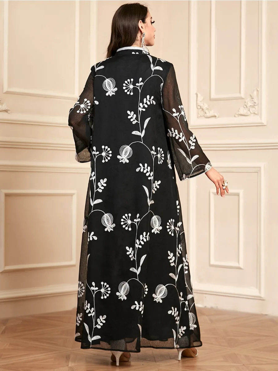 Ramadan Eid Muslim Dress for Women Abaya Morocco Dress Mesh Embroidery Long Sleeve Robe Abayas Dubai Longue Vestidos Largos 2024