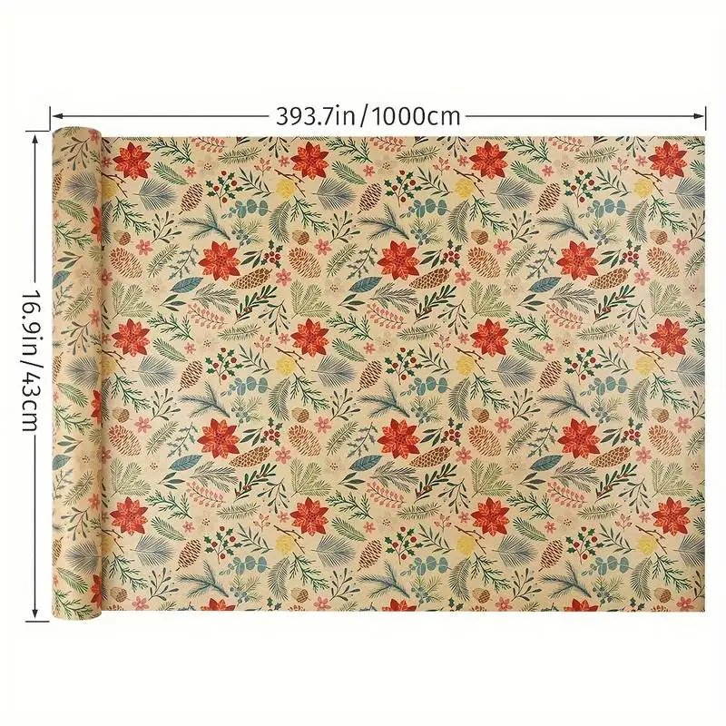 1 Roll 10m Large Size Christmas Themed Gift Wrapping Paper Plant Leaves Flowers Decoration Kraft Paper DIY Gift Wrapping Supplies view 3