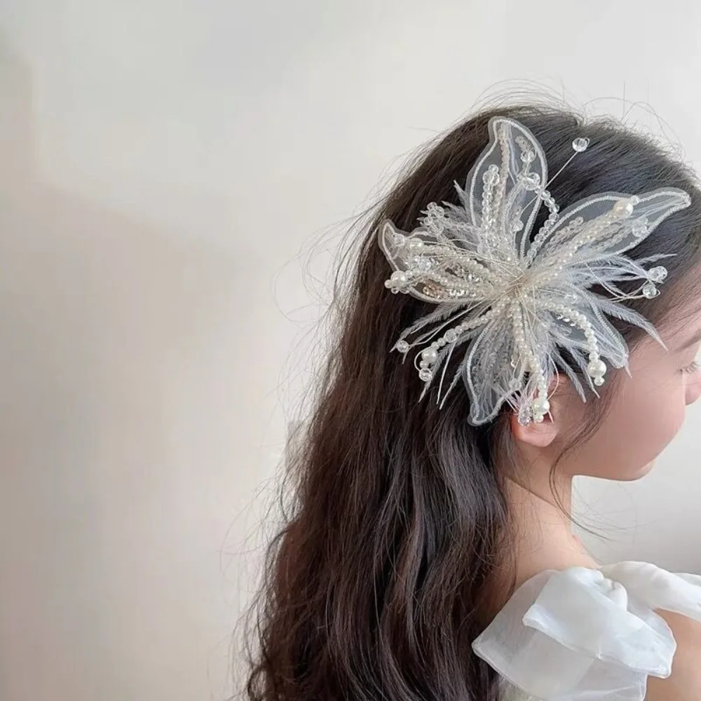 Fascinator Lace Flower Duckbill Clip Dance Show White Fairy Fringe Clip Bridal Wedding Floral Mesh Flower Hairpin Girl/Women