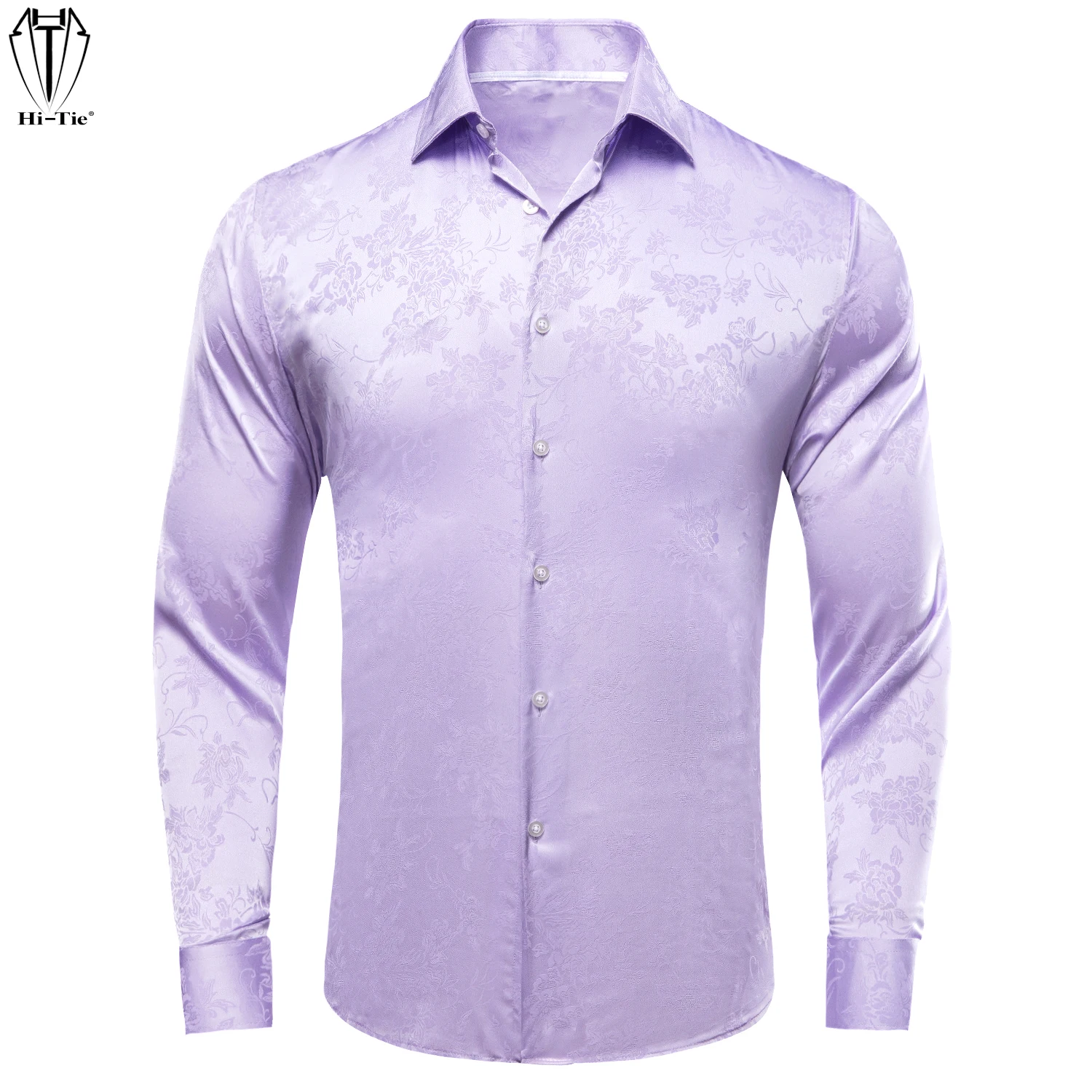 Hi-Tie Lilac Purple Silk Mens Shirt Long Sleeves Lapel Overshirt Soft Comfortable Breathable for Male Wedding Business Banquet