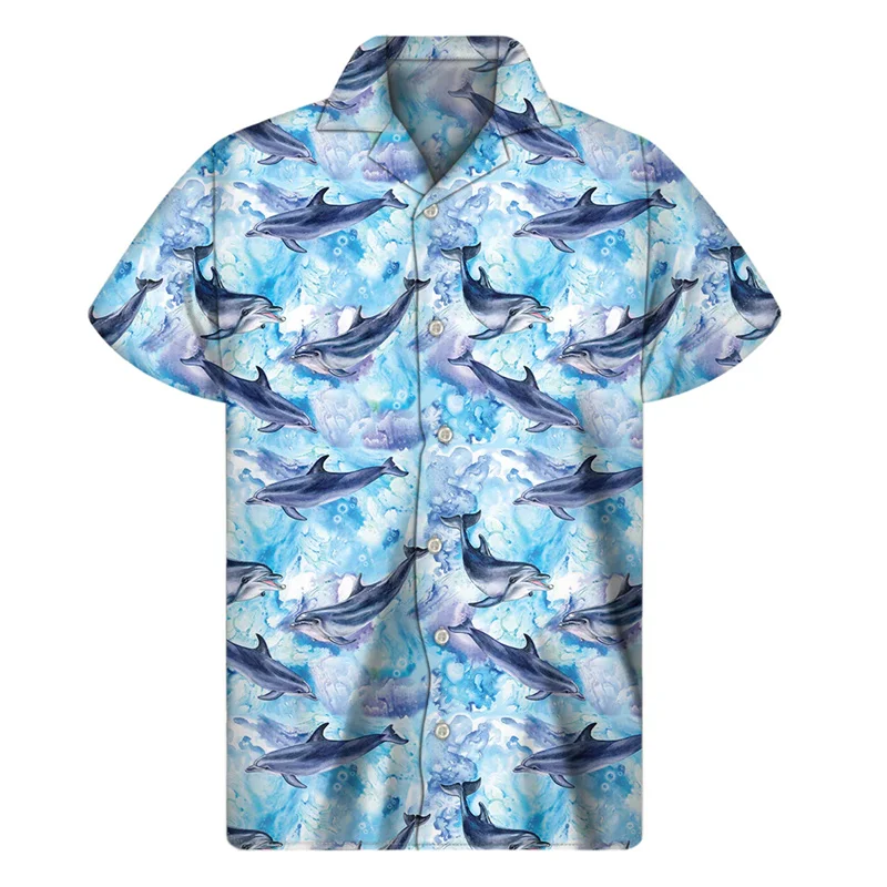 Cute Cartoon Dolphin Hawaiian Shirt For Men 3D Print Animals Shirts Harajuku Fashion Short Sleeve Tops Streetwear Button Blouse