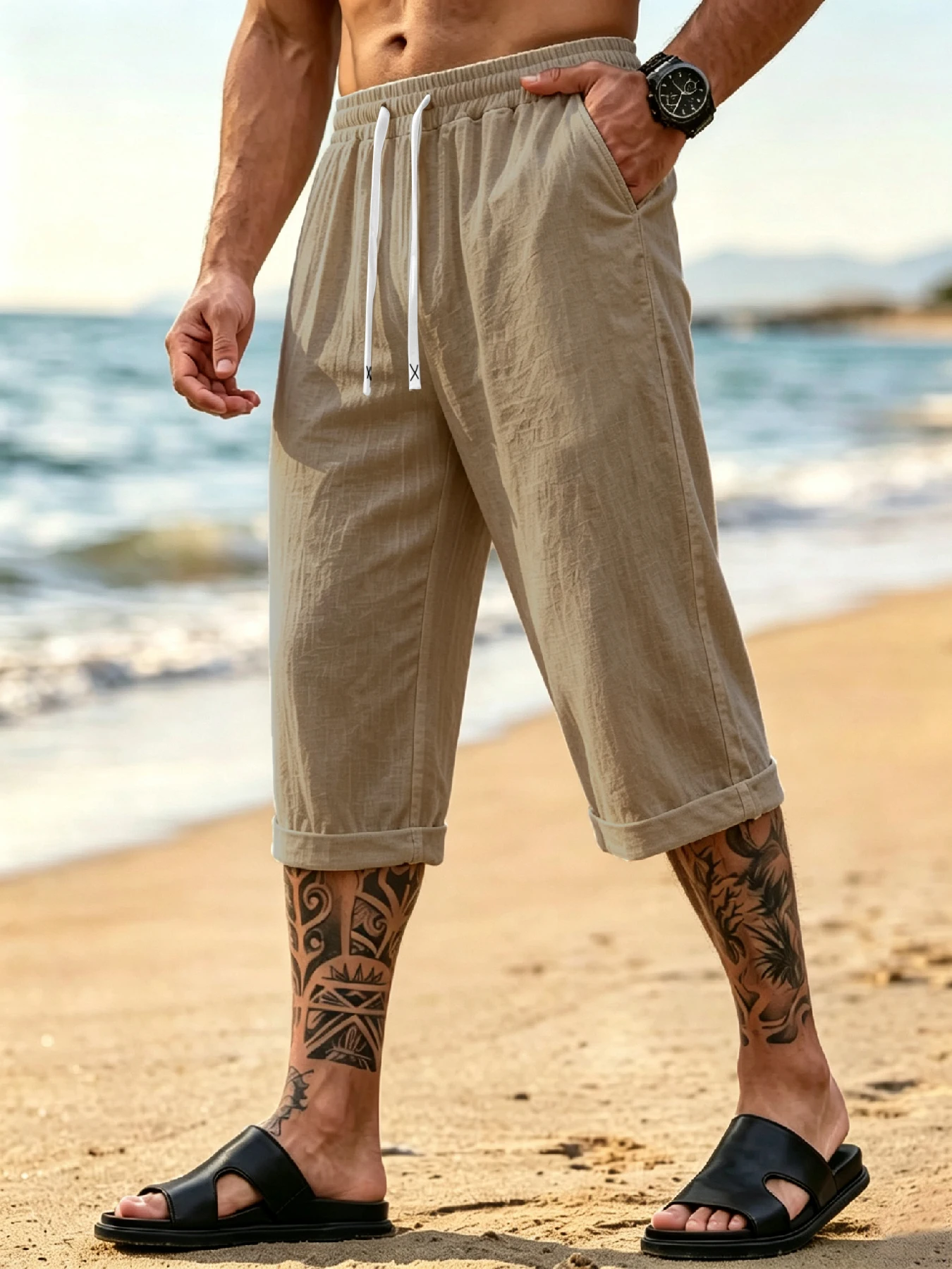 Cotton‑Linen Breathable Wide‑leg Capri Pants, Simple Lazy Casual Style, Side Pockets & Rollable Hems, Stretchy Waistband, Versat