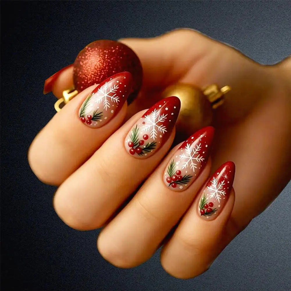 크리스마스 프렌치 팁 가짜 손톱 아몬드 크리스마스 레드 베리 엠보싱 탈착식 눈송이 네일 네일 프렌치 글리터 네일 Fals N0V3