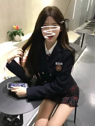 초가을 유니폼 스타일 드레스 세트 한국 대학 패션 쓰리피스 수트 긴팔 폴로넥 A라인 스커트 버튼 디테일