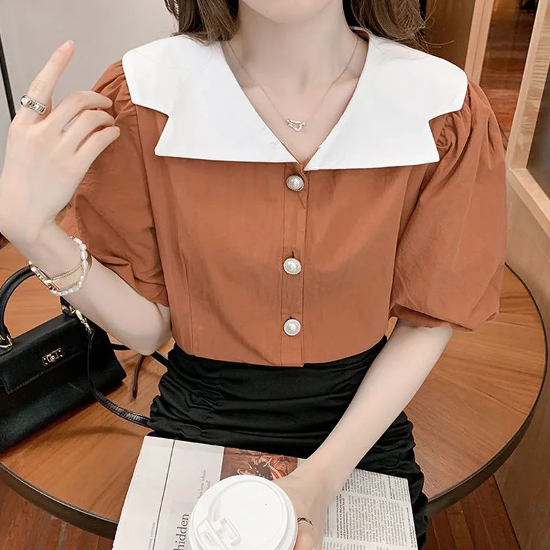 Sweet Contrast Short Shirt Tops Summer New Short Sleeve Solid Color Button Patchwork Blouse Fashion Temperament Women Clothing