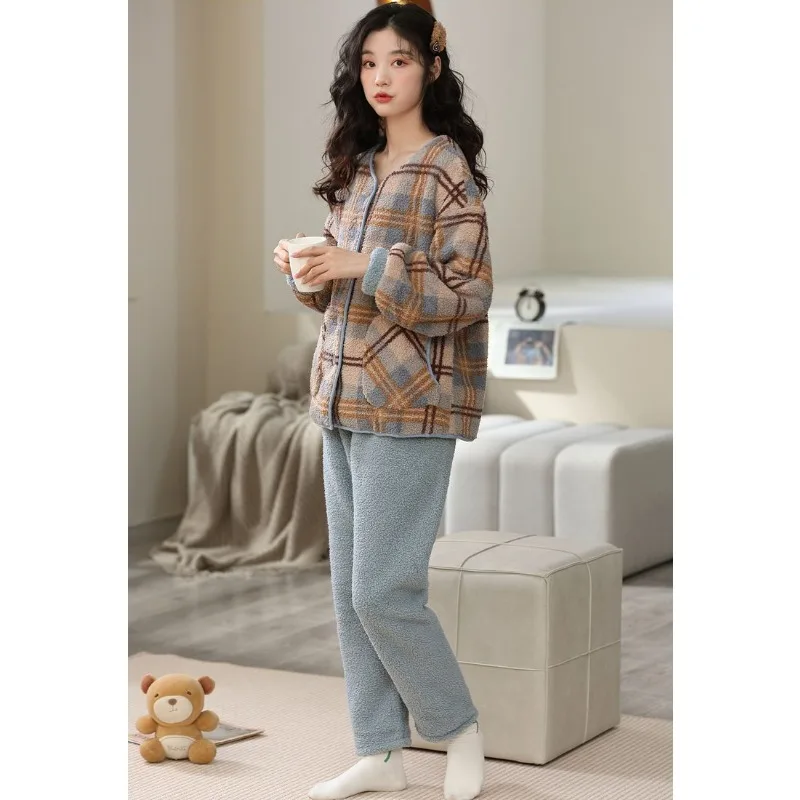 2023 New Coral Velvet Pajamas Women Autumn Winter Loungewear Velvet Padded Loose Sleepwear Plus Size Homewear Flannel Suit