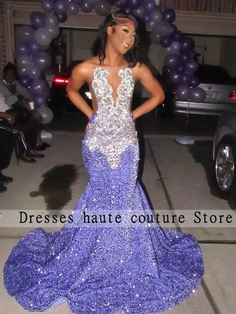 Luxury Purple Sequins Mermaid Prom Dresses 2025 For Black Girls Beaded Crystals Formal Birthday Party Gowns Customized