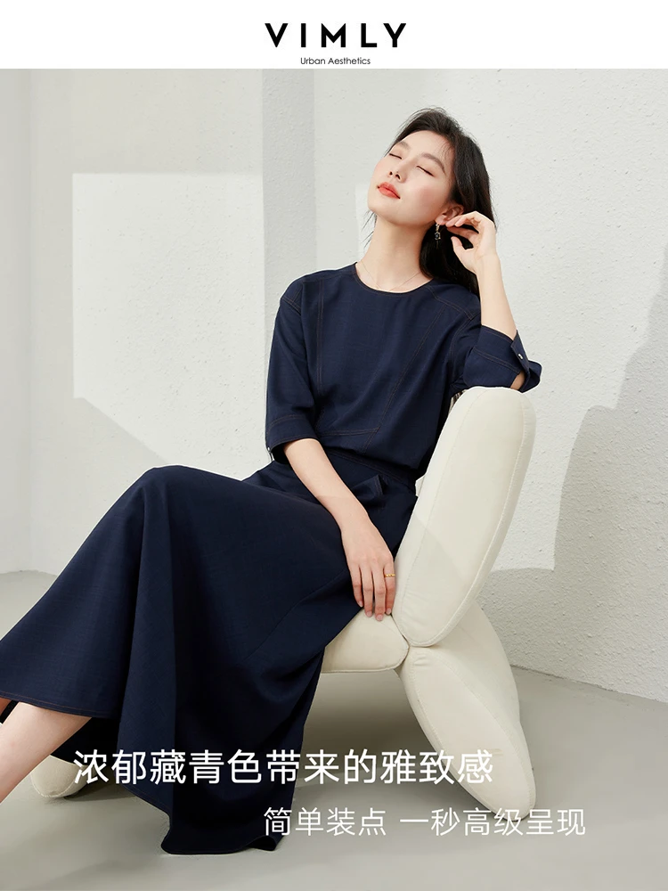 Vimly Two Piece Sets for Women Spring Elegant Outfits 2024 Simple Fashion Navy Blouse Elastic Waist Maxi Skirt Sets Woman M6250