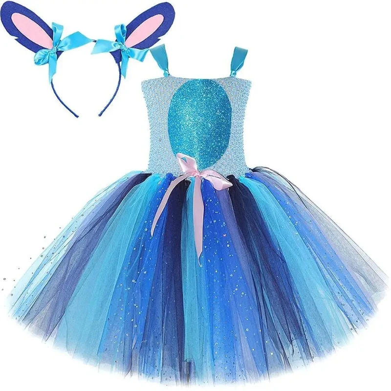 Funkelnde blaue Monster-Stich-Kostüme für Babys, Alien-Cartoon-Tier, ausgefallenes Tutu-Kleid für Kinder, Halloween-Outfit mit Ohren, Haarschleife