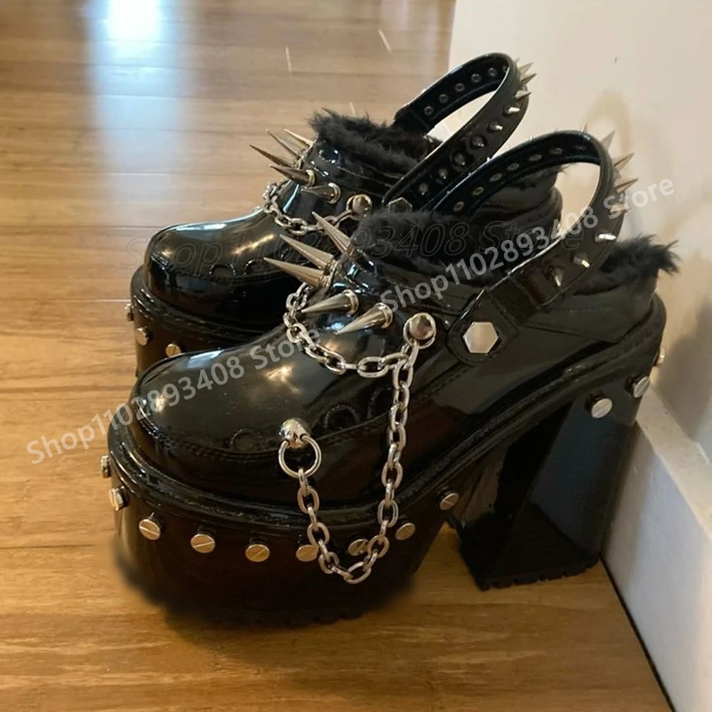 

Punk Cool Style Round Rivets Chain Decor Slippers Black Shiny Chunky High Heel Sexy Hot Girls Women Shoes 2025 New Para Mujere