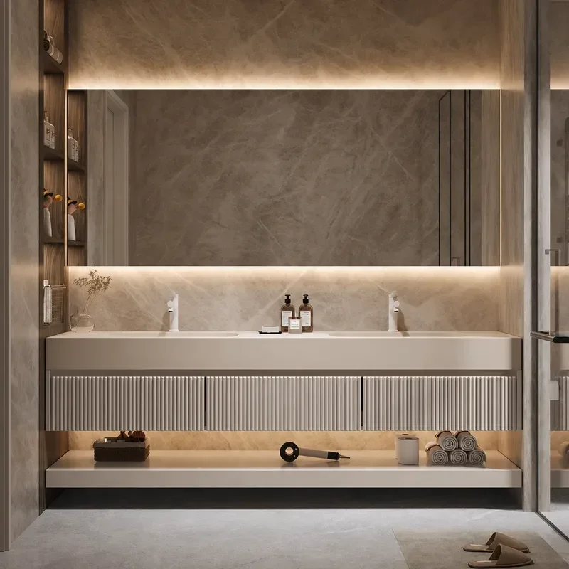 Simple Double Basin Corian Integrated Sink Oak Painted Bathroom Vanity Cabinet with Toilet Washstand and Hand Washbasin