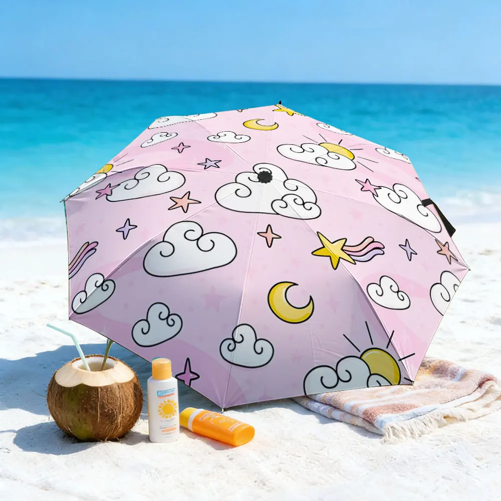 1PC Whimsical Pink Umbrella with Cloud and Star Design Print 8 Iron Ribs Folding Umbrella Auto-Open Fashion Sunshade