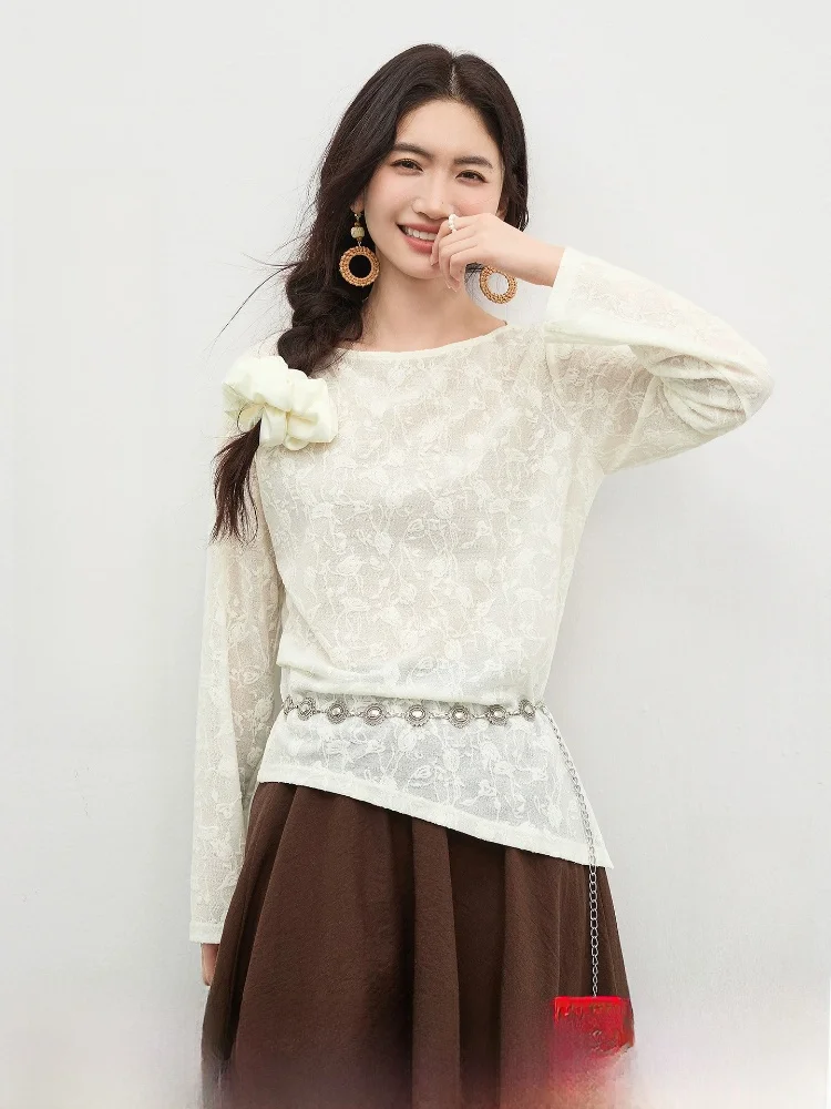 

Женская футболка Ele Commute, цвета арахис, трикотажная, облегающая, эластичная, весенняя, с длинным рукавом, с круглым вырезом