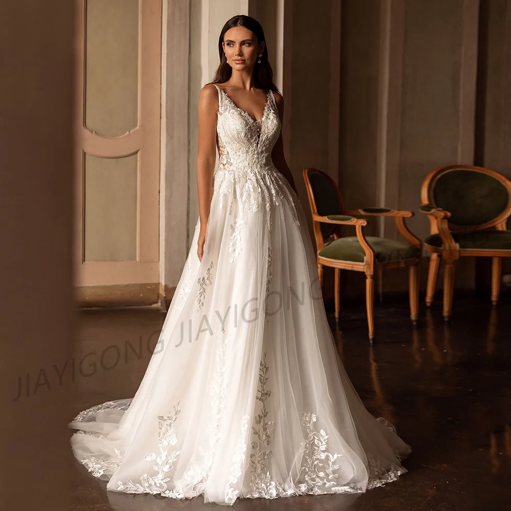 Robe de mariée sexy à col en V profond, appliques à paillettes, dos nu, ligne A, tulle doux, robe éducative pour les patients de la mariée