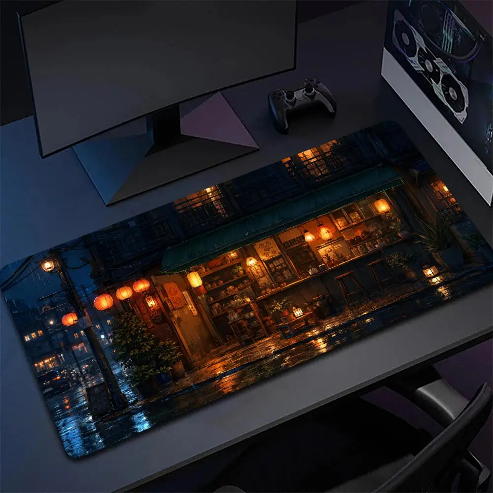 Anime Japanese Street Shop Large Mouse Pad Rainy Night Lantern Glow Reflection Art Desk Mat for Home Office Gaming Decor