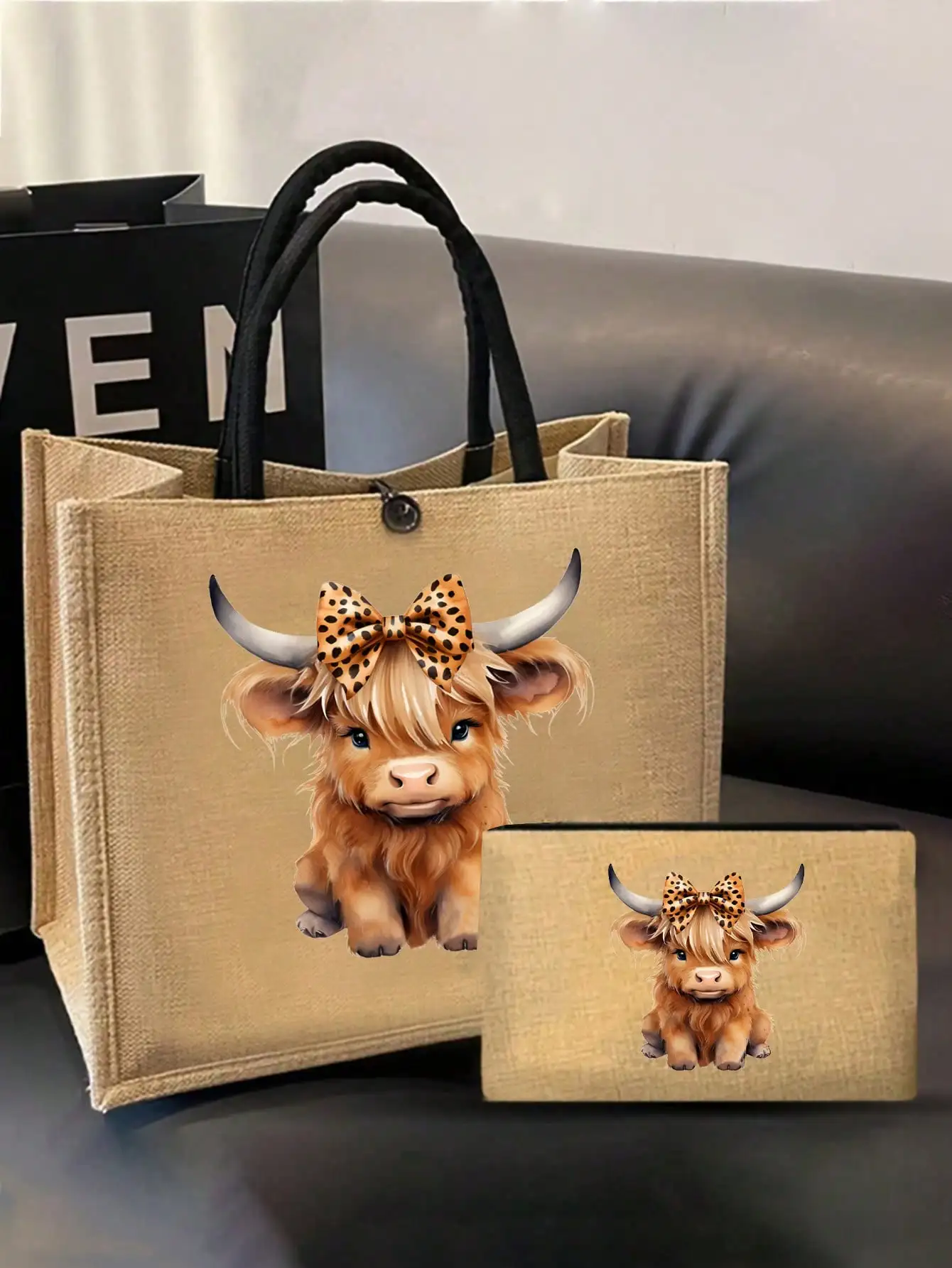 

Милый набор из джутовой сумки-тоут с мультяшным принтом коровы и кошелька для монет для женщин