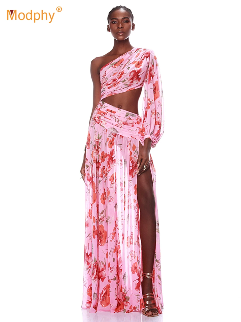 Sexy Schuine One Shoulder Slanke Bloemen Maxi Jurk 2024 Elegante Bloemenprint Onregelmatig Uitgesneden Lange Mouwen Jurk Feest Avond