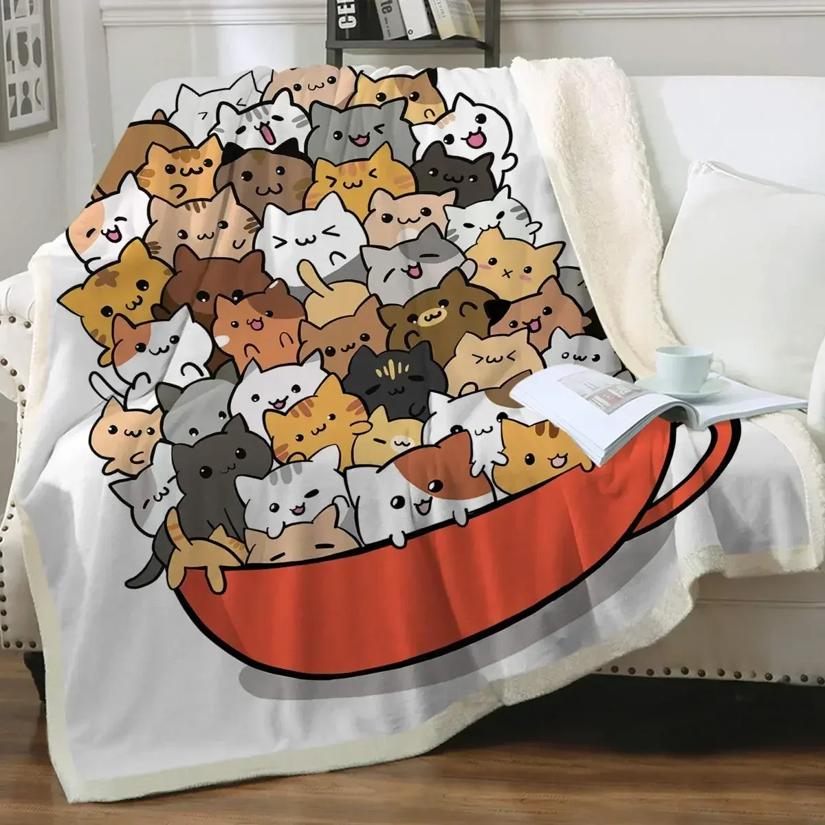 Grey and White Cats Blanket Plush Sherpa Flannel Throw Blankets for Couch Sofa Super Soft Blanket Bedroom TV Throw Blanket Full