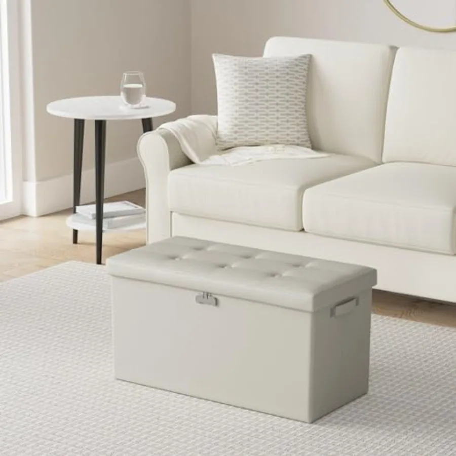 Storage Ottoman Bench with Lock, Fireproof 30 Inch Folding Bench Feet Rest Stool Storage Chest Safe for Living Room, Bedroom, H