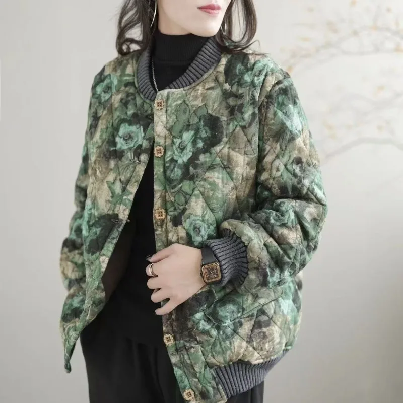 2026 Winter Ethnic Style Women Thick Warm Cotton Coat, Women's New Style Retro Printed Loose Floral Cotton Coat, Baseball Jacket