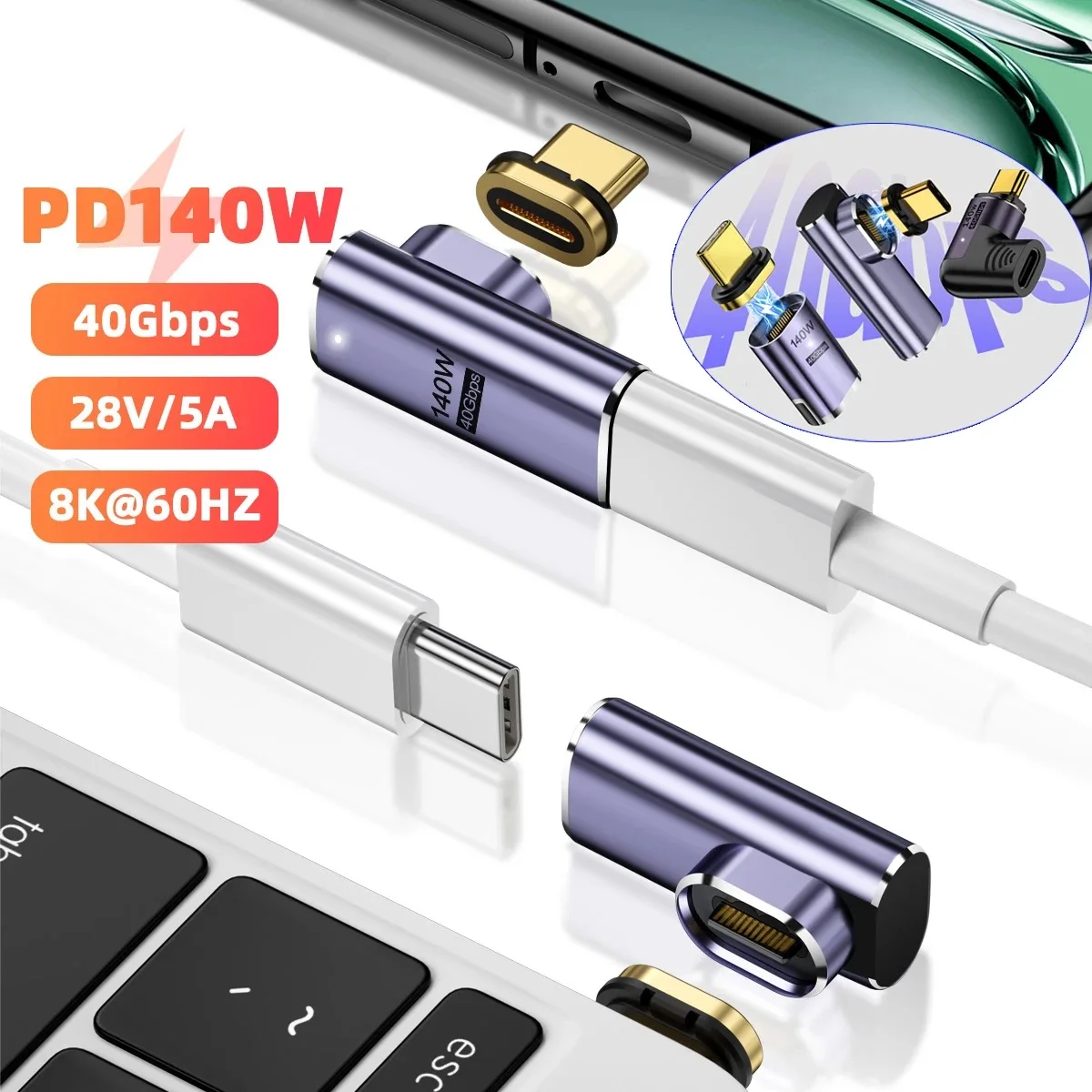 PD140W USB4.0 40Gbps Thunderbolt3 Magnetic Adapter USB C To Type C Fast Charge Magnet Converter Cable 8K@60Hz USB Type C Adapter