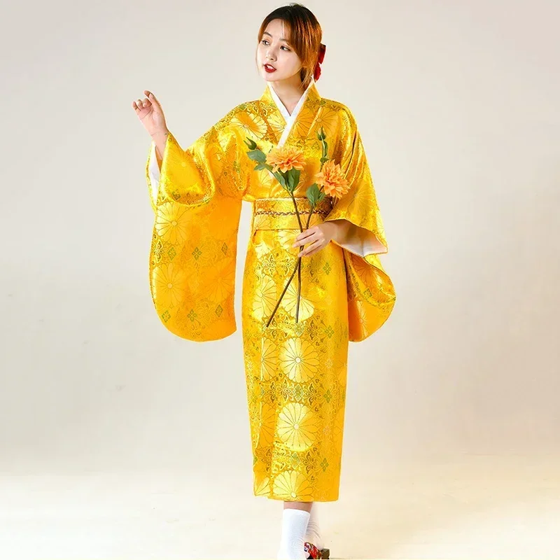 

Gold Silk Brocade Japanese Kimono Women Formal Wear Traditional Improved Kimono Yukata Stage Anime Flower Loose Oiran Costume