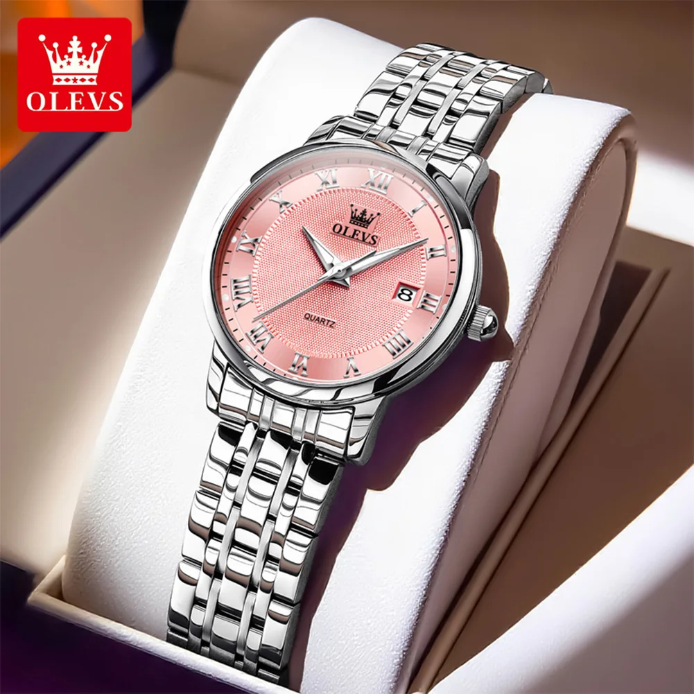 OLEVS Original Elegant Fashion Quartz Watches for Women Stainless Steel Waterproof Calendar Luminous Luxury Design Ladies Watch