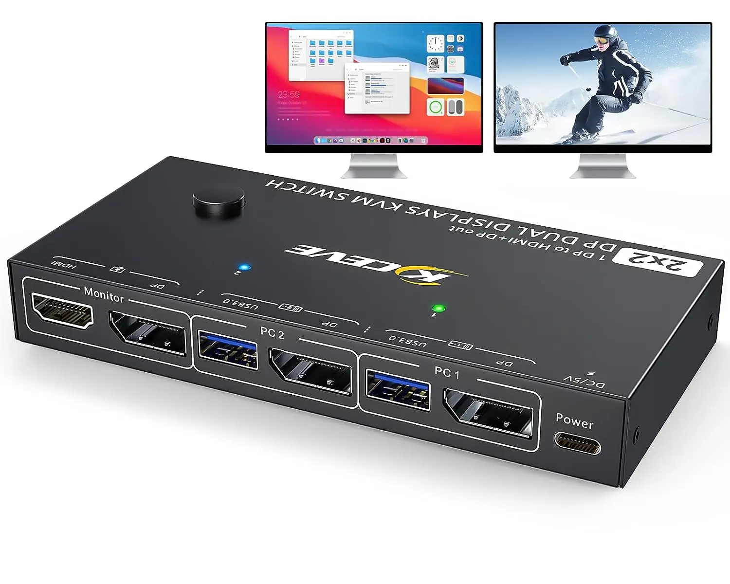 KCEVE-جهاز عرض مزدوج ، مفتاح KVM ، شاشتان ، حاسبتان ، 4K @ Hz ، 1 DP in ، DP + HDMI Out