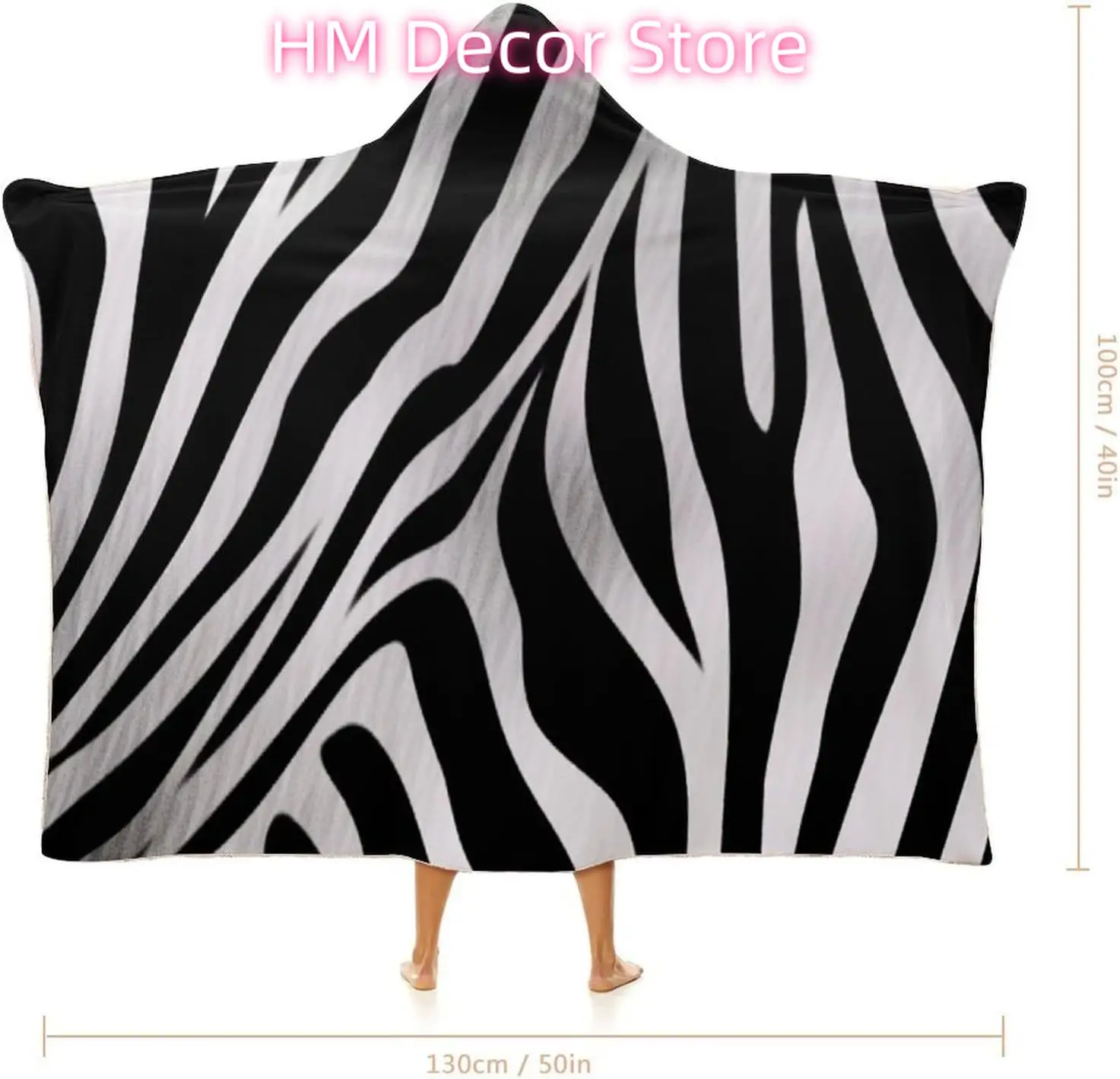 Zebra Print Wearable Hooded Blanket, Ultra Soft Arctic Velvet Cape Cloak Unisex - Cozy Wearable Blanket