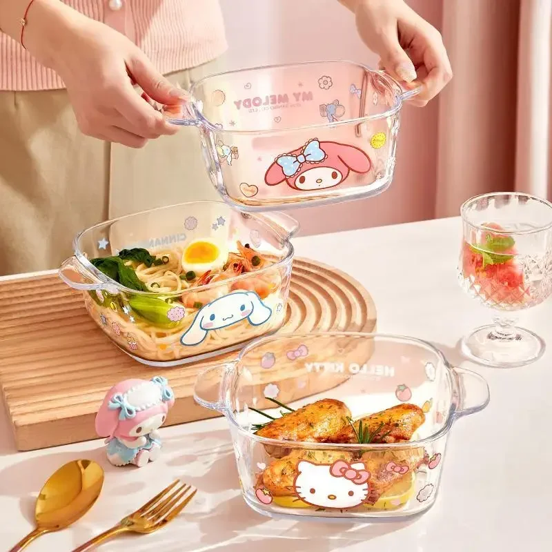 Sanrio Cinnamoroll Hello Kitty Kawaii Glass Bowl Cute Cartoon My Melody Household Cutlery Dessert Salad Plate Gifts for Girls