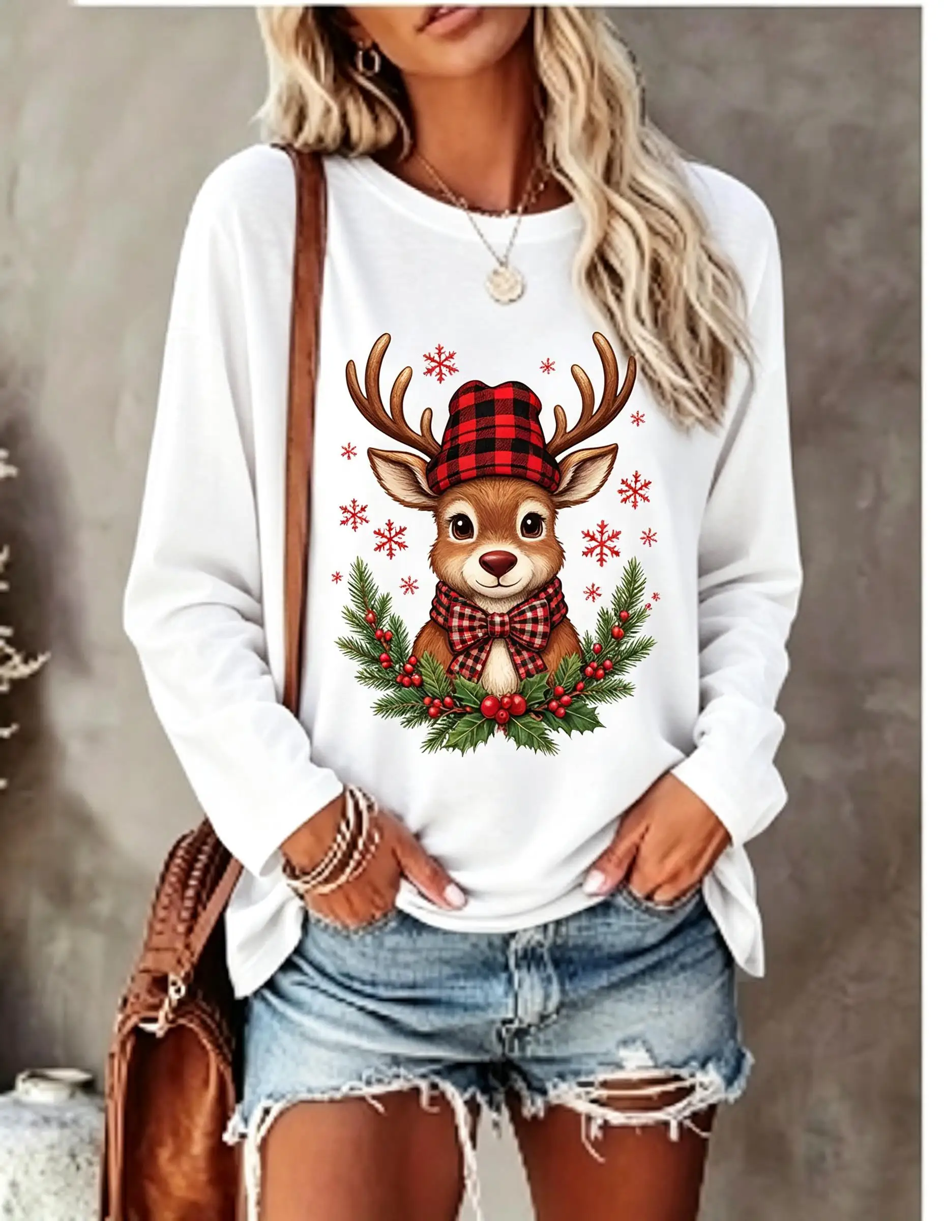 Women Long Sleeve T‑Shirt Christmas Plaid Hat Scarf Snowman Snowflake Holly Berry Print Crew Neck Casual Winter Tops