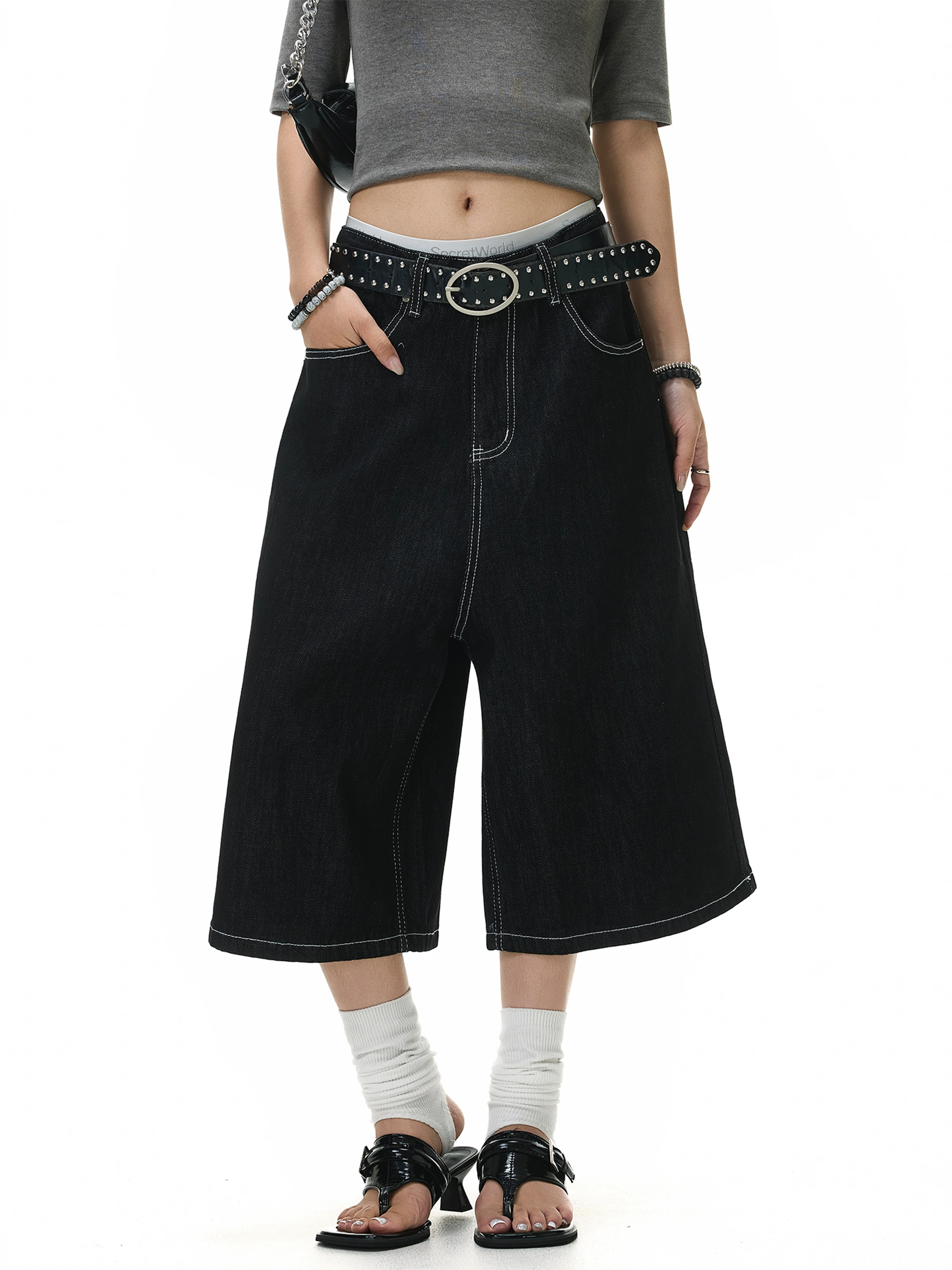 American Style Basic Wide Leg Denim Seven-Foot Pants Summer Men Women Loose Casual Cleanfit Versatile Shorts Polyester Cotton...