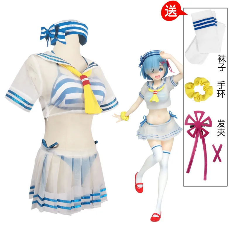 Re:Zero Rem Cosplay Sailor Suits Swimsuit Outfits Costume Bikini Semitransparent Sets Women Plus Size