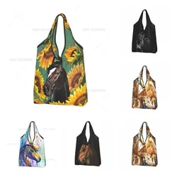 Bolsas de compras plegables con girasoles y caballos, bolsa de supermercado para hombres, mujeres y niñas, patrón de impresión de poliéster impermeable, talla única