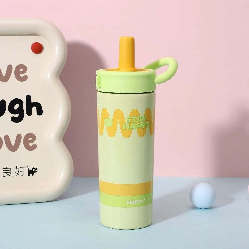 

Stylish 600ml Stainless Steel Insulated Cup Leak-Proof with Handle Straw Cup Dopamine Thermos Water Bottle Daily Use