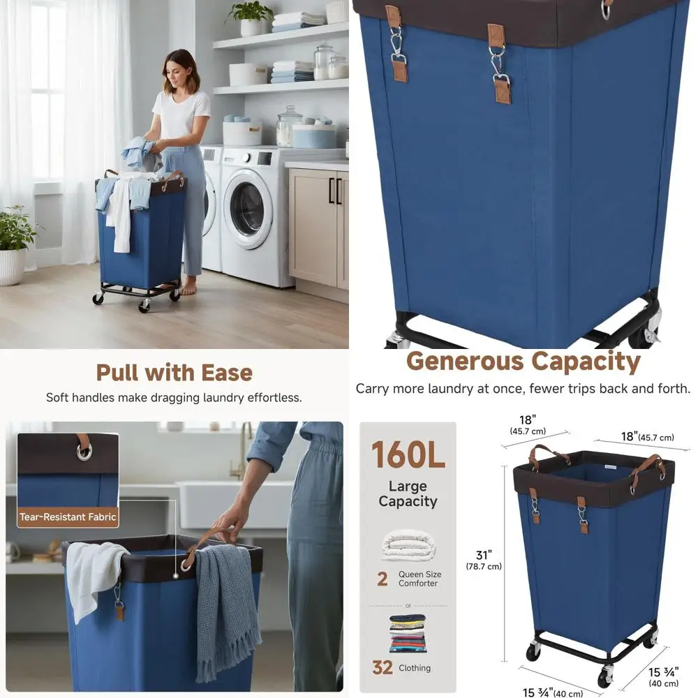 

Большая корзина для белья на колесиках, вместимость 160 л, синяя корзина для одежды, идеально подходит для дома, гостиницы, общежития