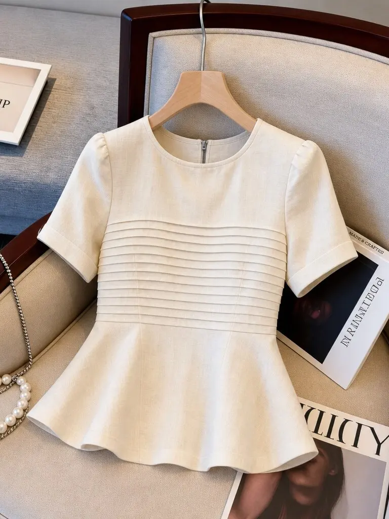Ladies Short Sleeve T-Shirt Summer New Style Bubble Sleeve Belly Covering Base Shirt Slim Fit round Neck Casual Breathable Top