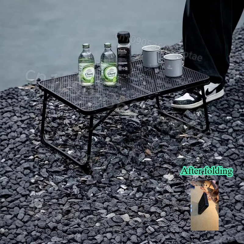 Mesa de camping plegable de malla de hierro con soporte elevable, mesa de comedor de aleación de aluminio para exteriores, mesa plegable estable