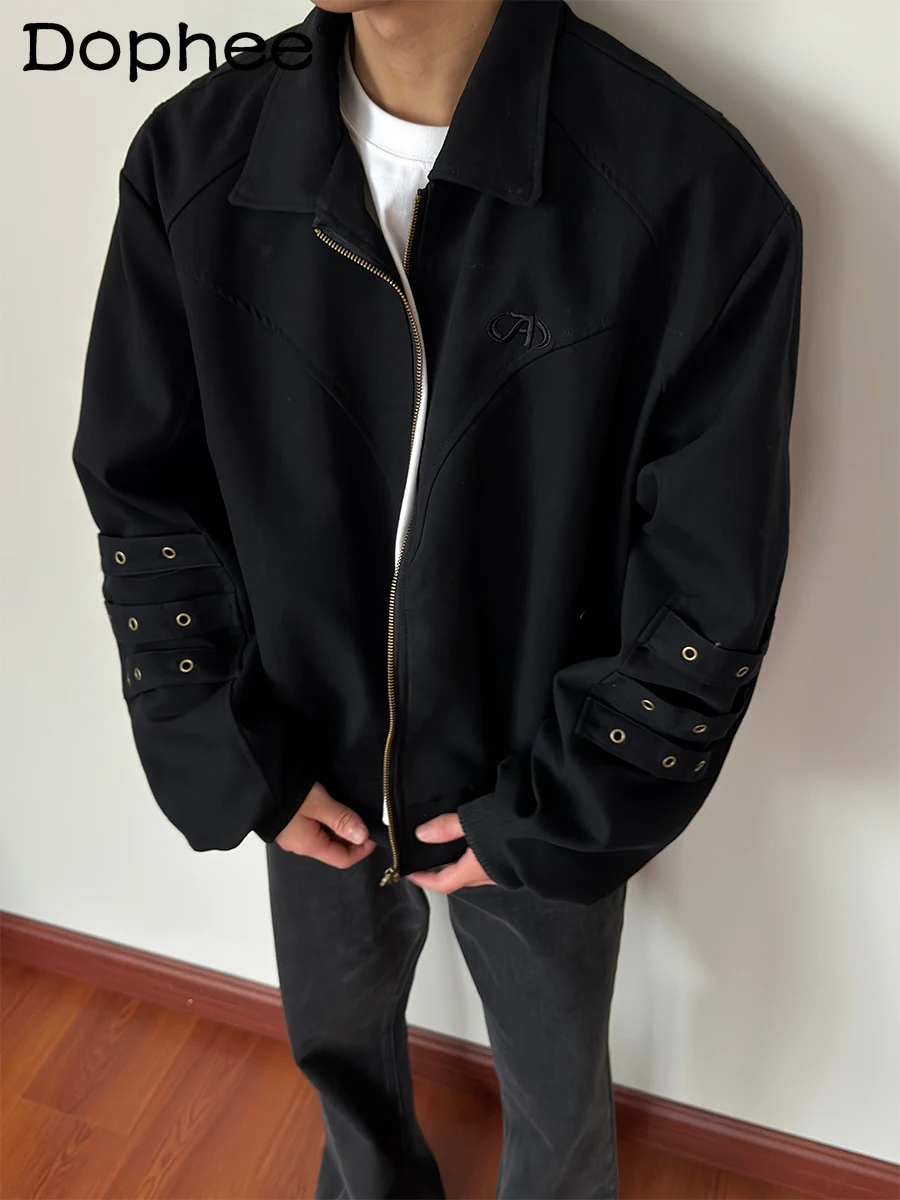 

Spring New American High Street Loose Rivet Versatile Jacket Casual Zipper Daily Commute Long Sleeve Turn-Down Collar Jacket
