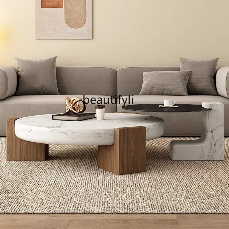 E153 Nordic Mid-Century Style Round Marble Solid Wood Coffee Table for Living Room, Small Apartment, French Minimalist