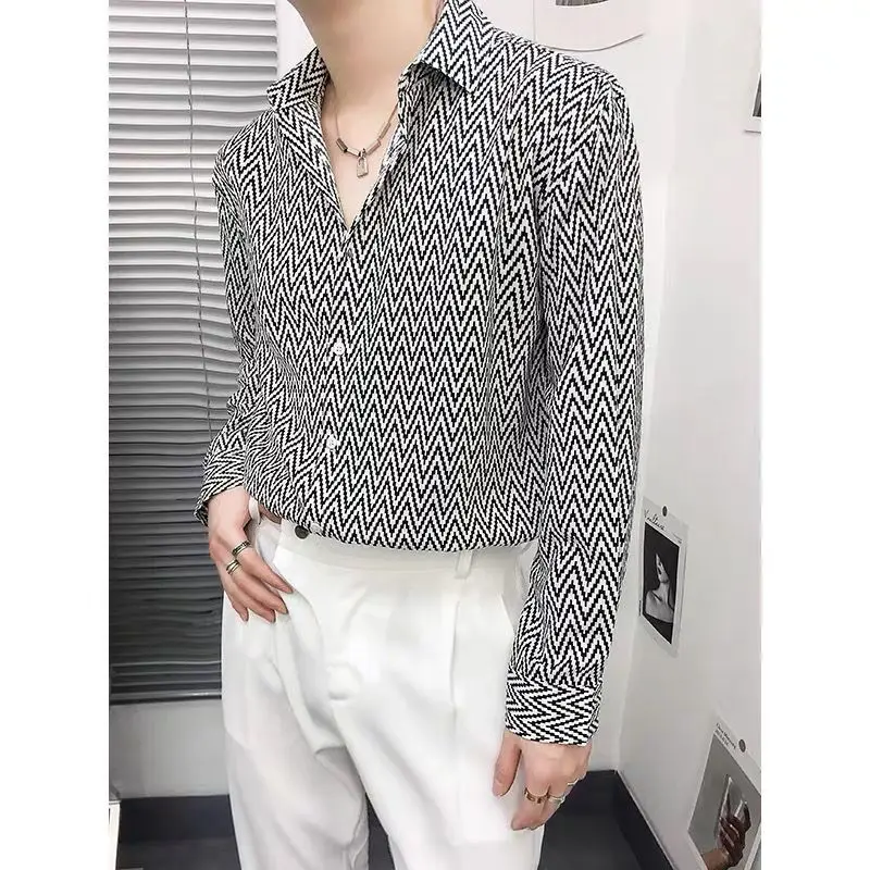 Mens Clothing Korean Fashion Striped Print Street Chic Button Shirt Spring Autumn Lapel Long Sleeve Loose Tops Camisas De Hombre